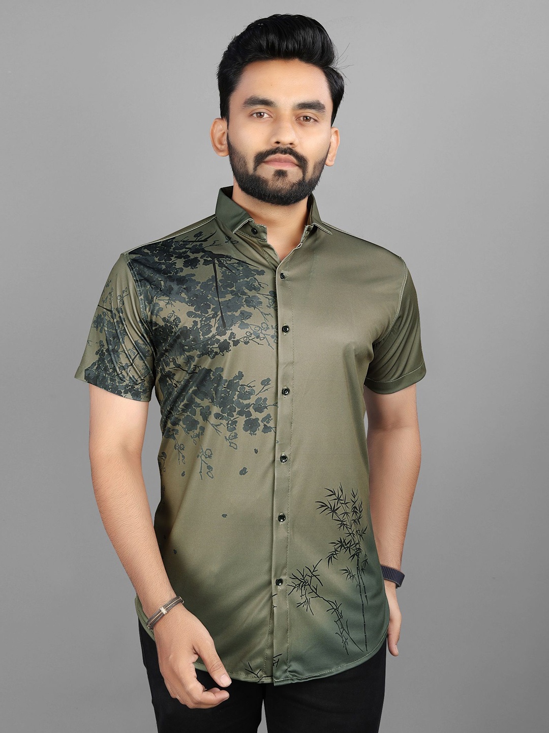 

Fashion FRICKS Men Classic Floral Opaque Printed Casual Shirt, Green