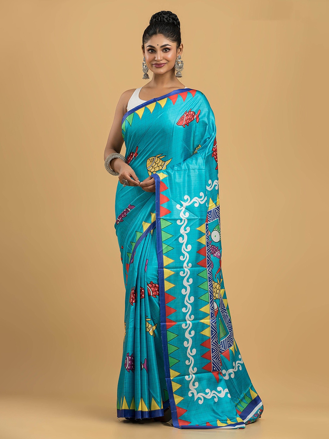 

Dheu Ethnic Motifs Silk Blend Block Print Saree, Blue