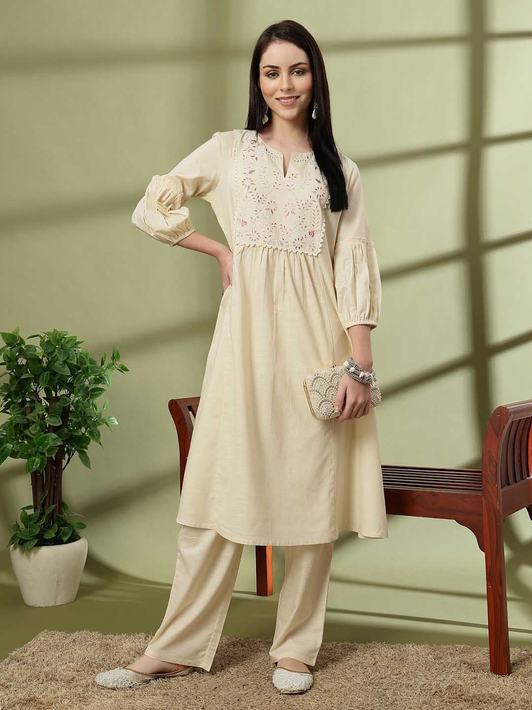 

Nayam By Lakshita Floral Embroidered Sequinned Cotton Linen A-Line Kurta With Palazzo, Beige