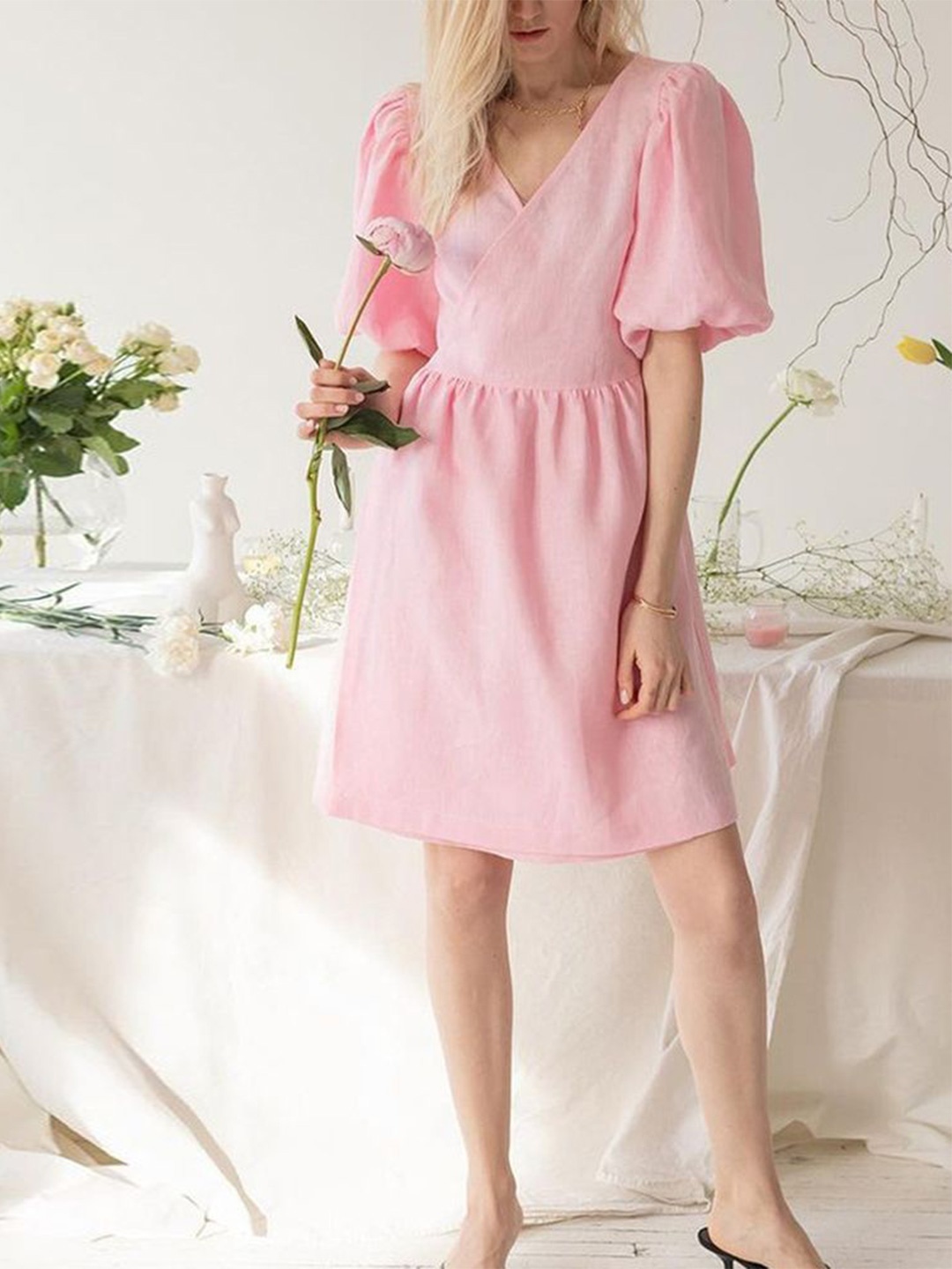 

LULU & SKY Women Flared Sleeve A-Line Dress, Pink