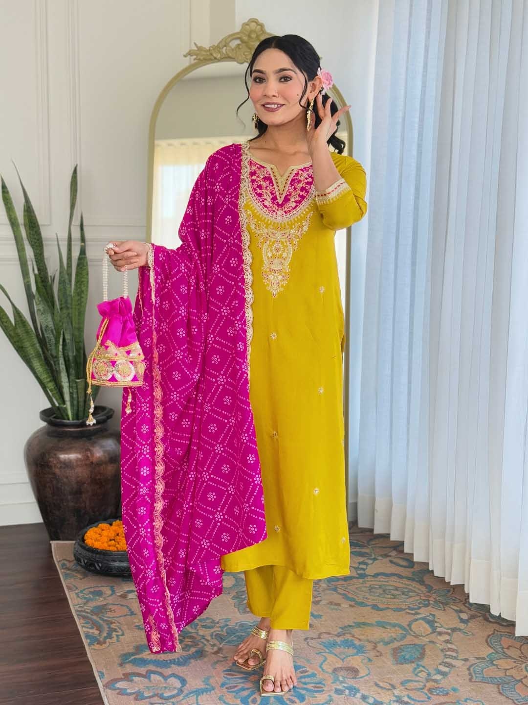 

KALINI Ethnic Motifs Embroidered Notch Neck Thread Work Kurta With Trousers And Dupatta, Yellow