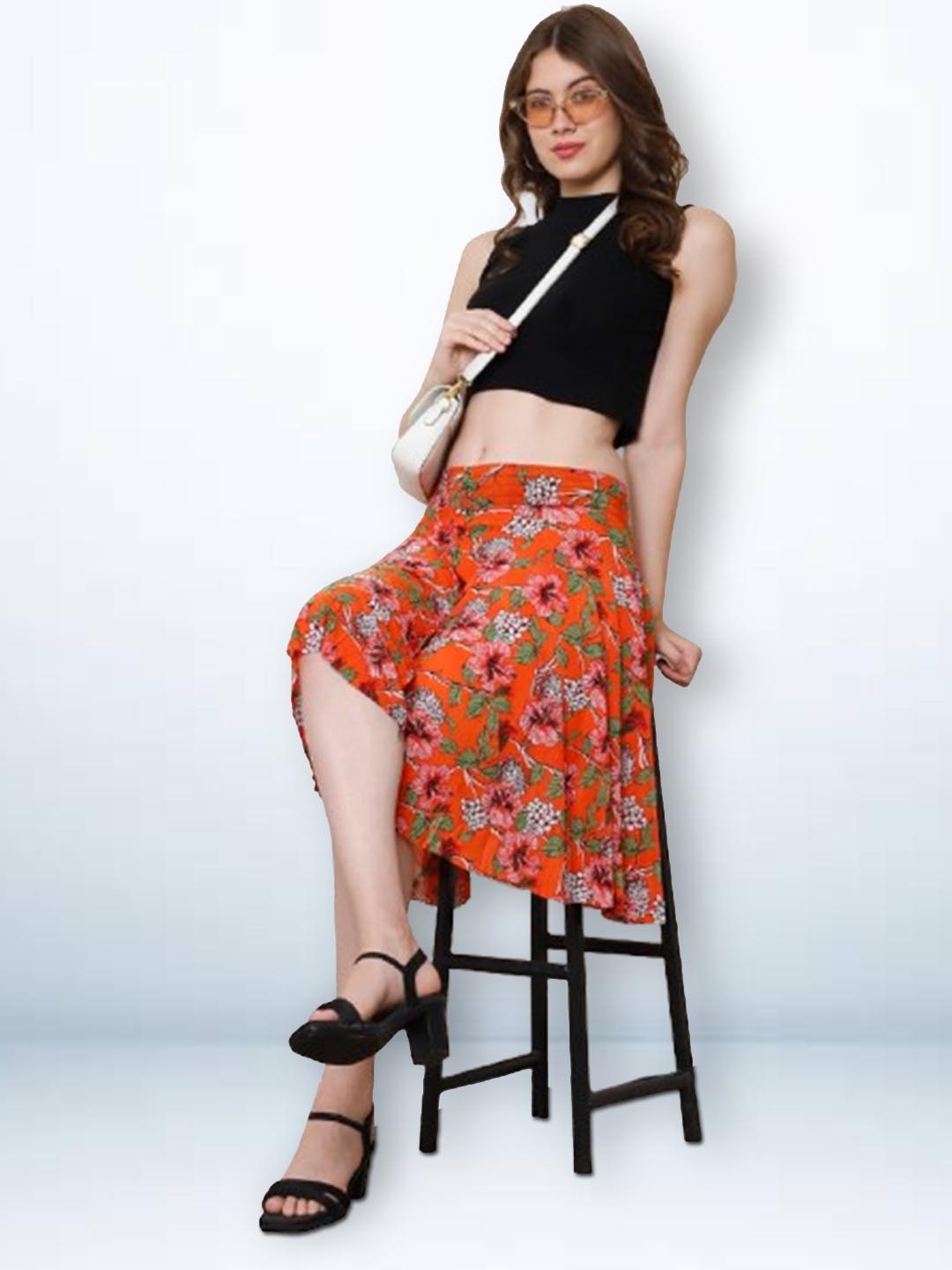 

Jinfo Women Floral Printed Skirt With Inner Short, Orange