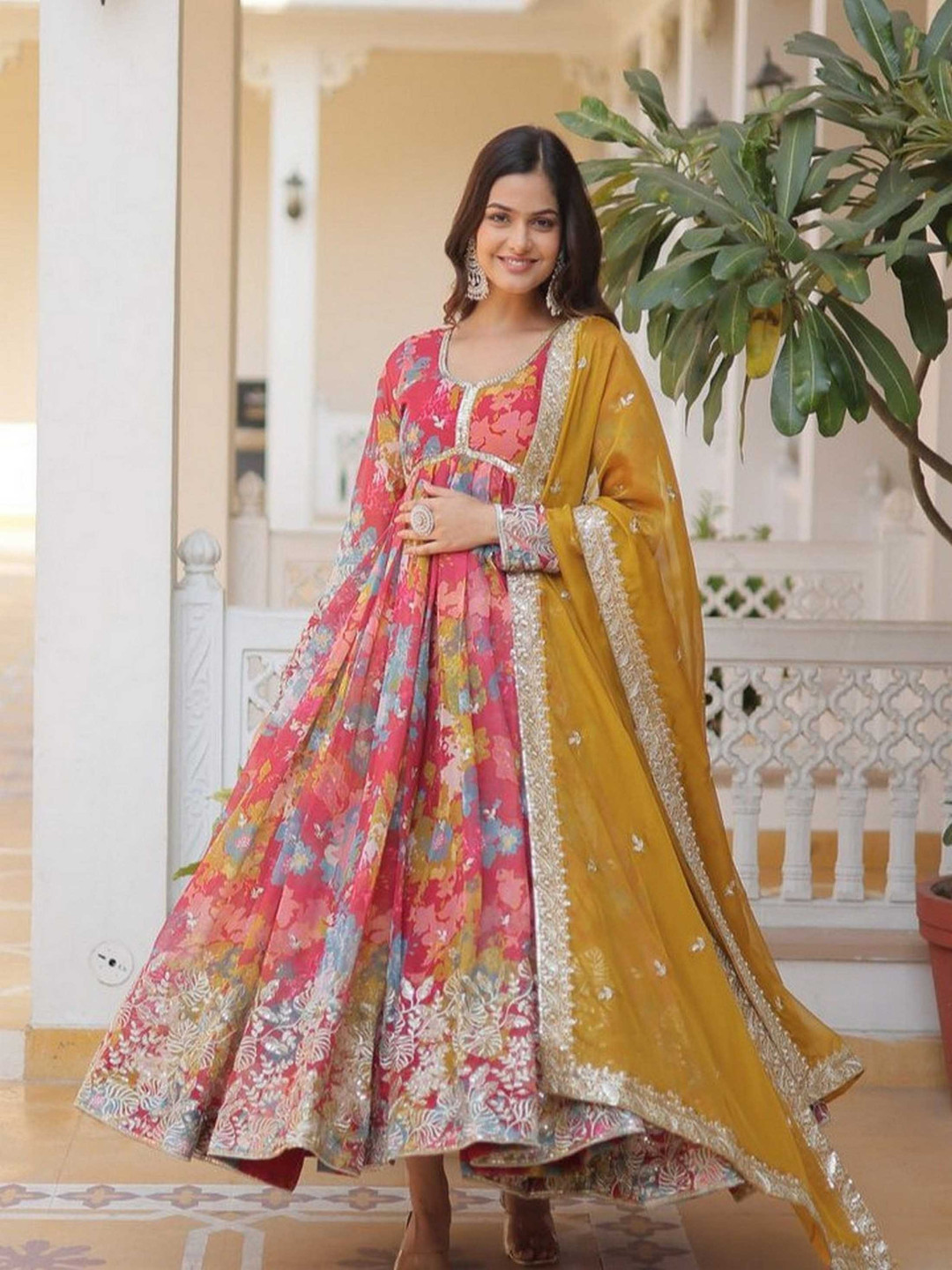 

mimi design Floral Printed Silk Georgette Empire Kurta With Trousers & Dupatta, Pink