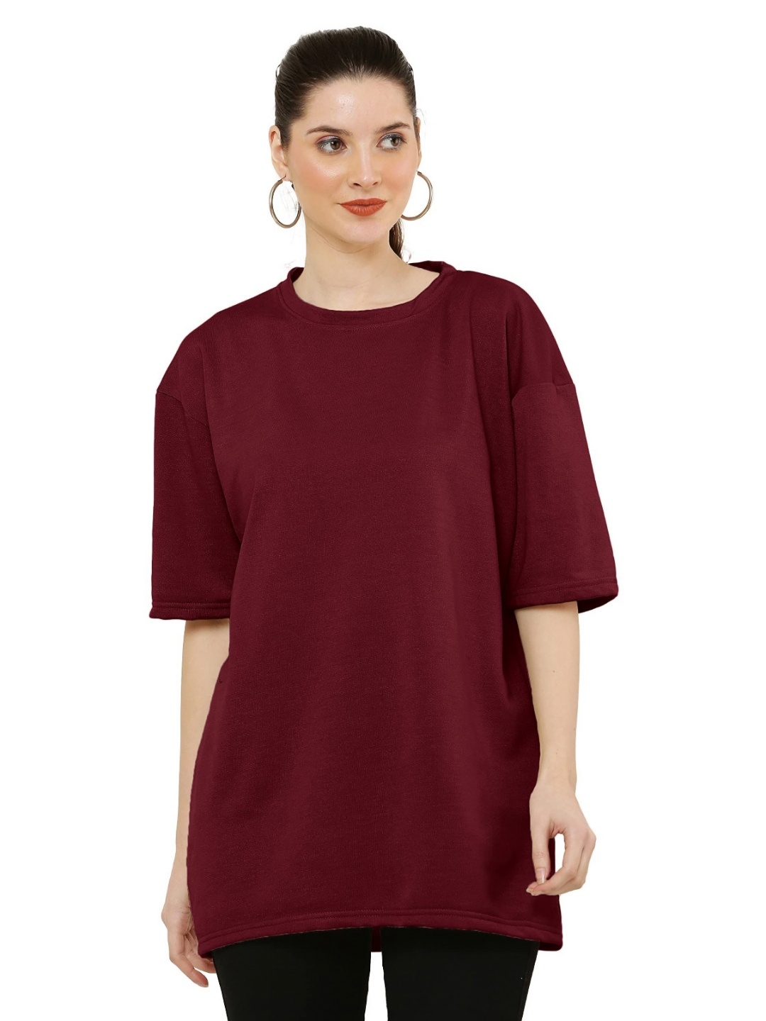 

NOTWILD Women Solid Round Neck Cotton Oversized T-shirt, Burgundy