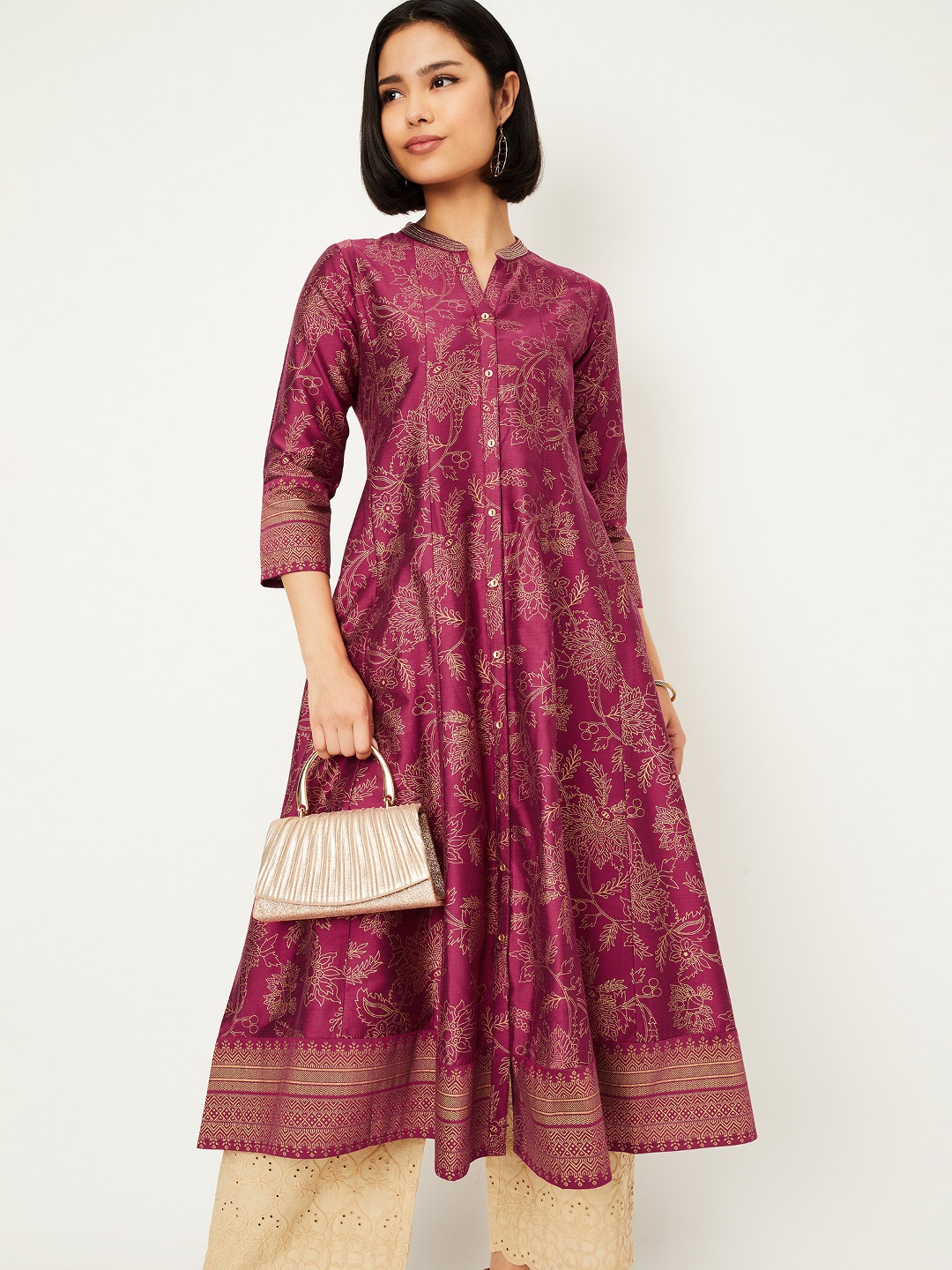 

max Floral Printed Mandarin Collar A-Line Kurta, Maroon