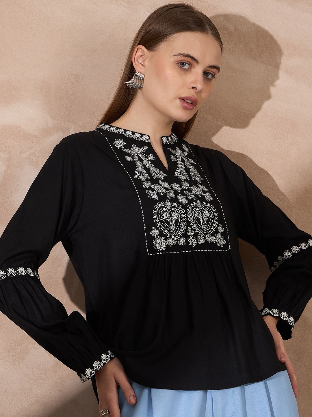 

all about you Women Embroidered Mandarin Collar Bishop Sleeves Top, Black