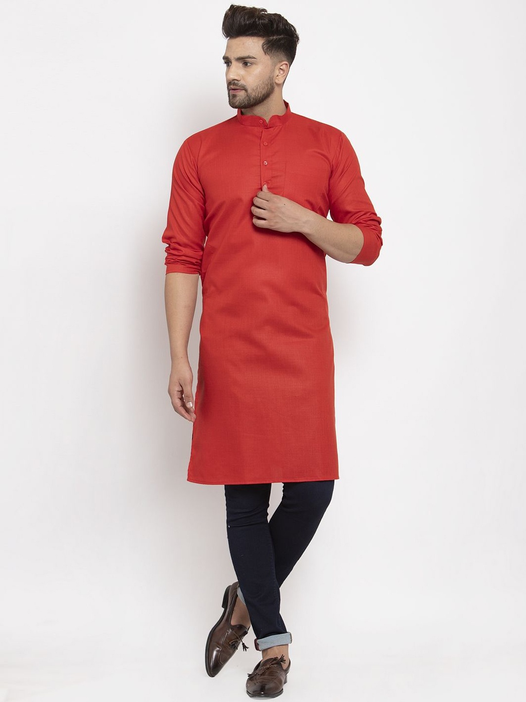 

Kaifoo Band Collar Long Sleeves Straight Kurta, Red