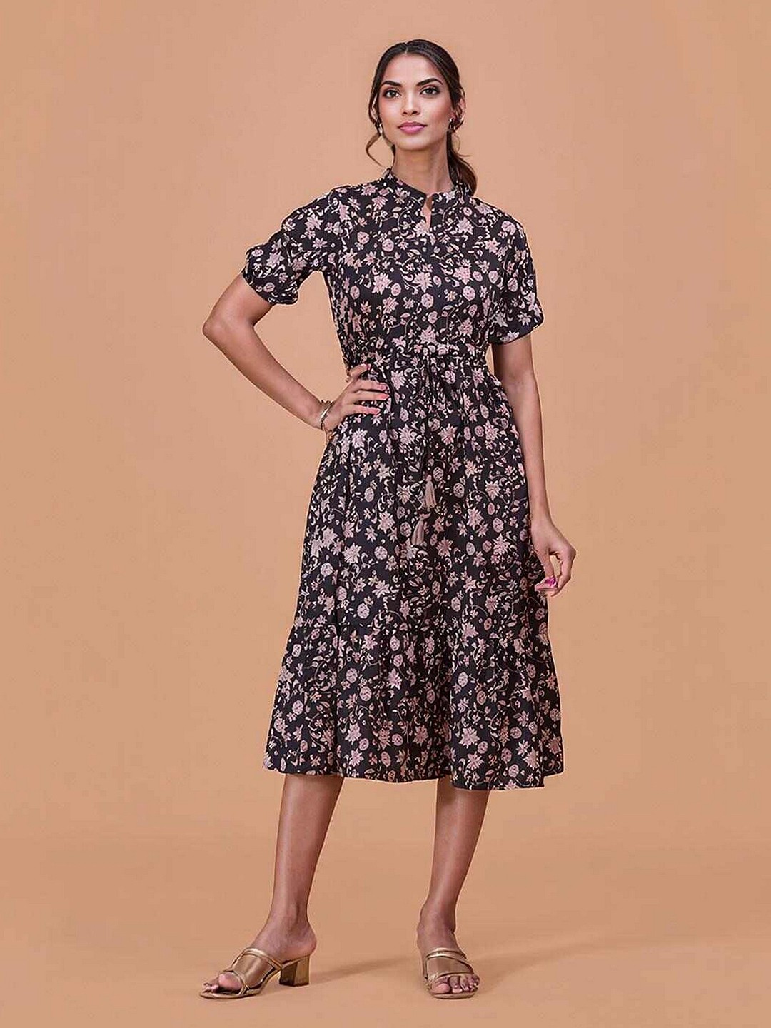 

DressBerry Women Floral Printed Cotton Fit & Flare Midi Dress, Black
