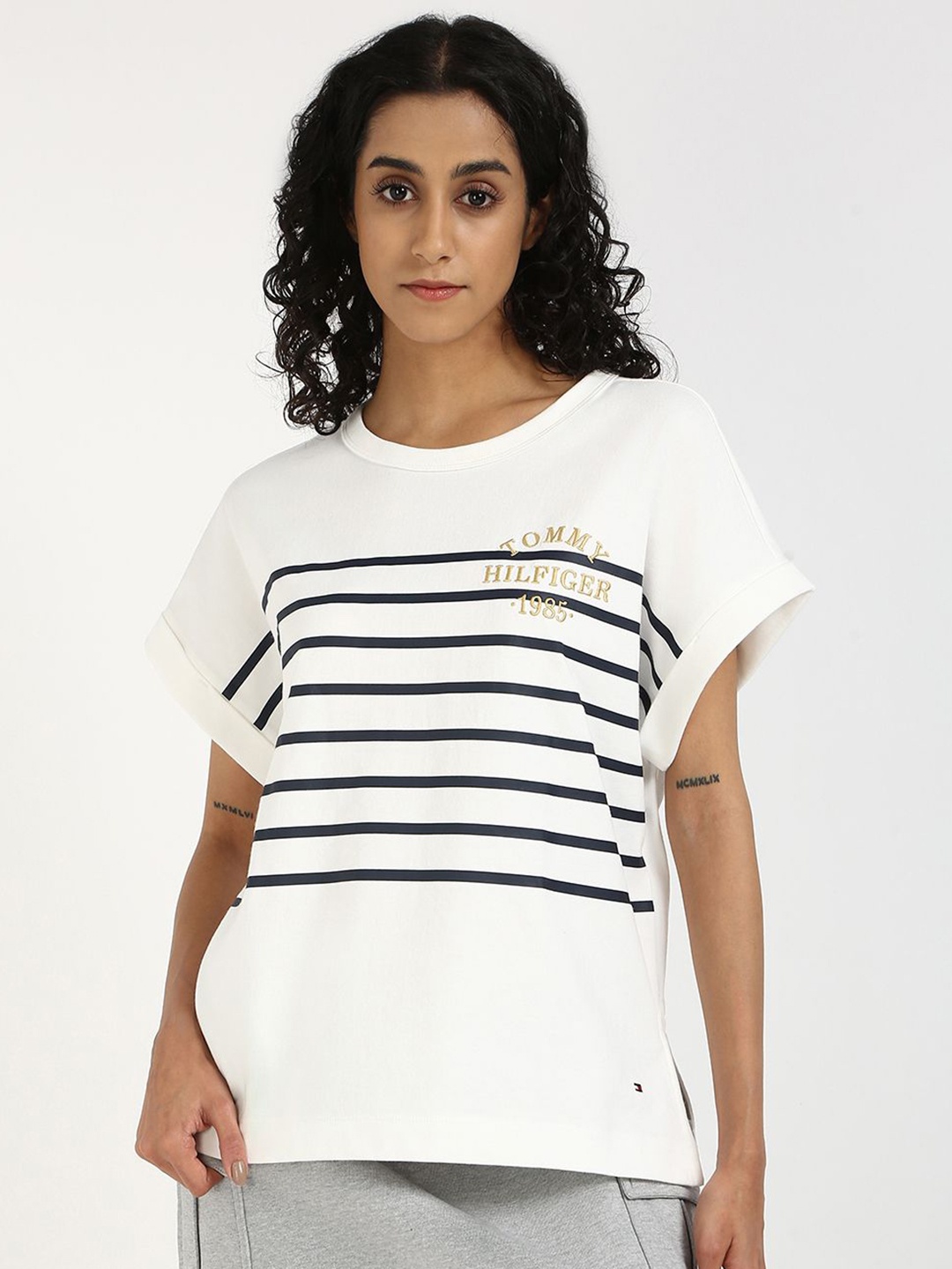 

Tommy Hilfiger Women Striped Round Neck Cotton T-shirt, White