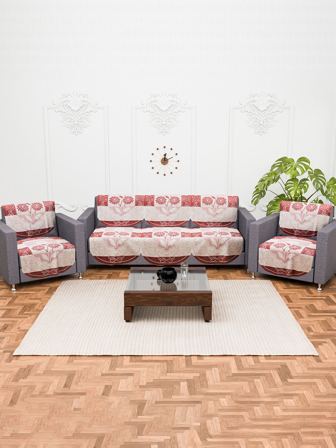 

Kuber Industries Red & Off White 10 Pieces Printed Cotton 5 Seater Sofa Covers