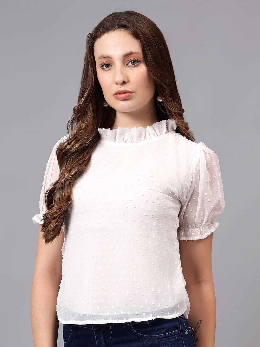 

Bright Nex Women Puff Sleeve Ruffles Georgette Top, White