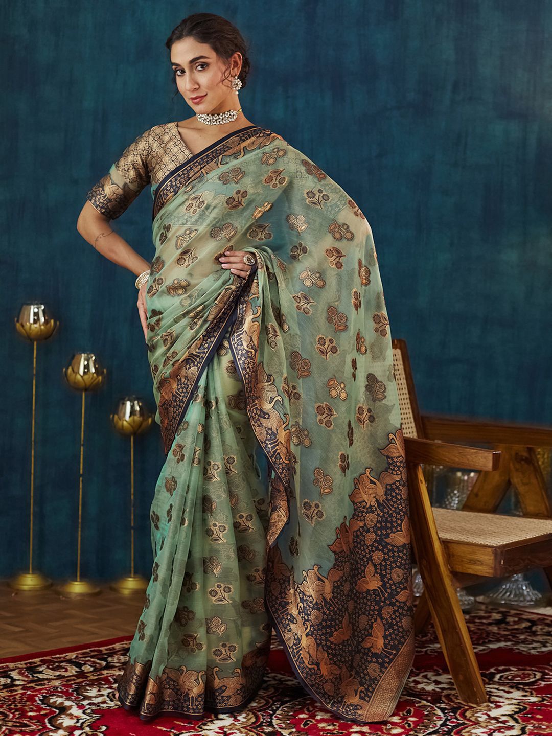 

Satrani Ethnic Motifs Zari Organza Saree, Green