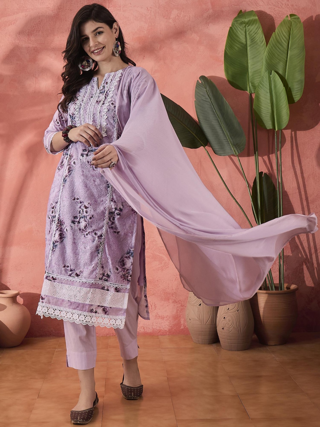 

Sangria Mauve Floral Printed Schiffli Embroidered Cotton Kurta With Trouser And Dupatta