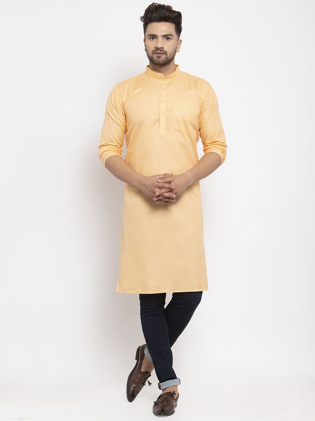 

Kaifoo Band Collar Long Sleeves Straight Kurta, Orange