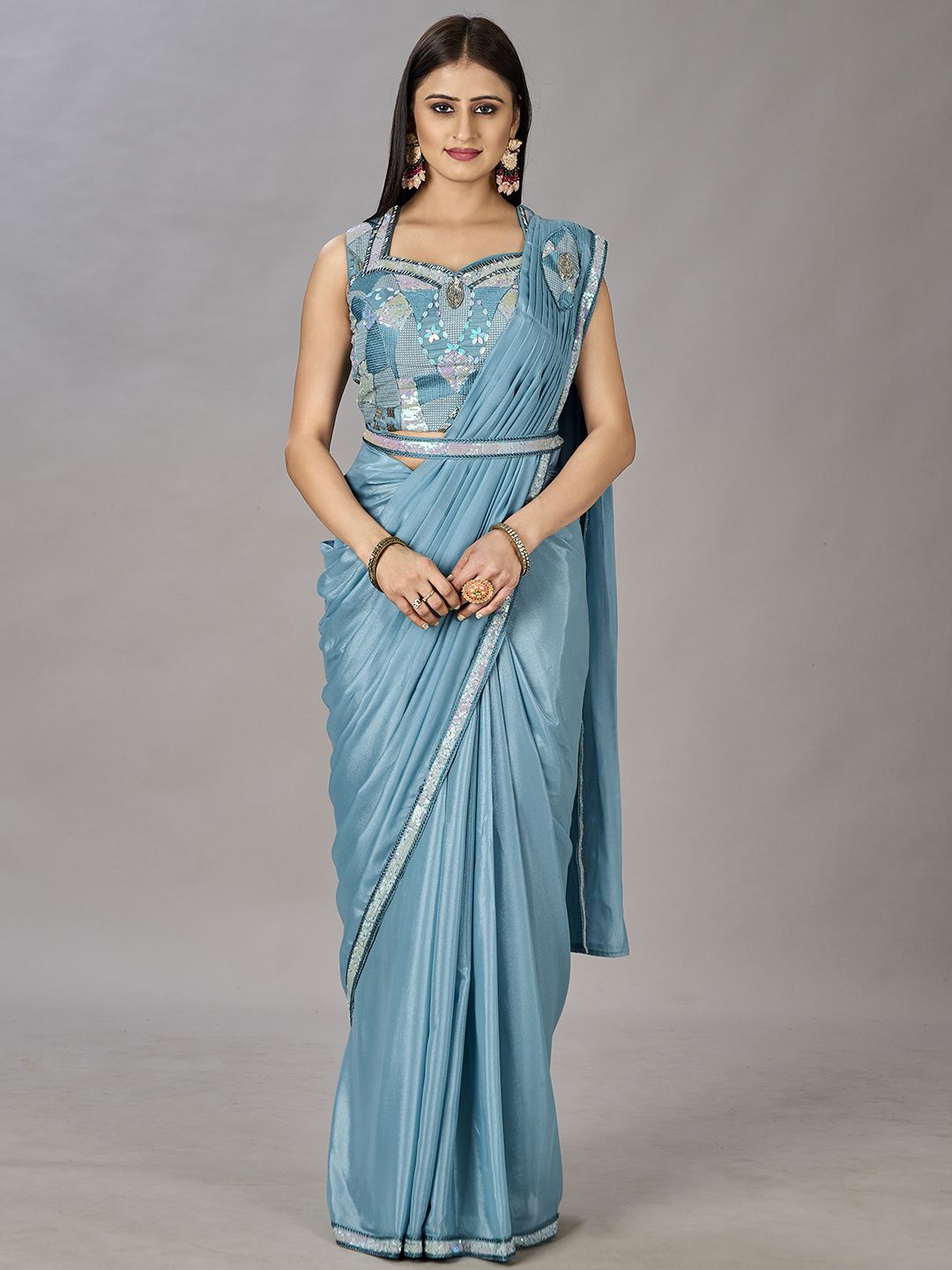 

Krimmple Sequinned Pure Georgette Saree, Blue