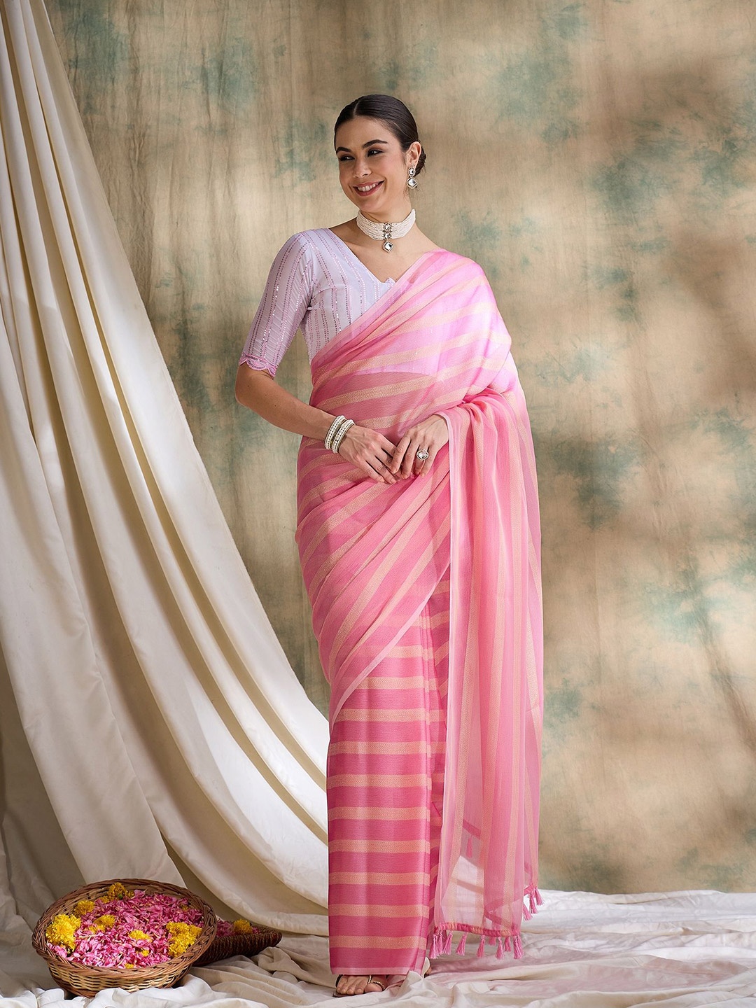 

Maroosh Women Striped Zari Saree With Blouse Piece, Pink