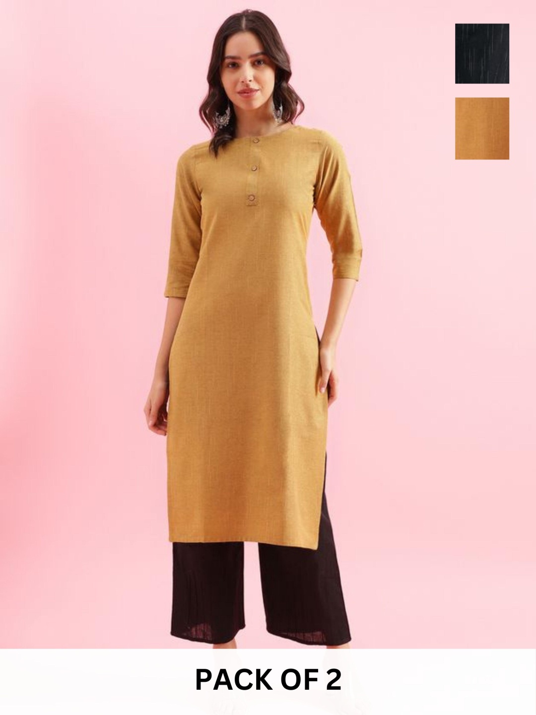 

KALINI Selection Of 2 Round Neck Straight Kurtas, Mustard