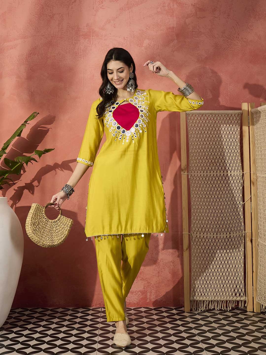 

Sangria Embellished Round Neck Mirror Work Tunic With Trouser, Yellow