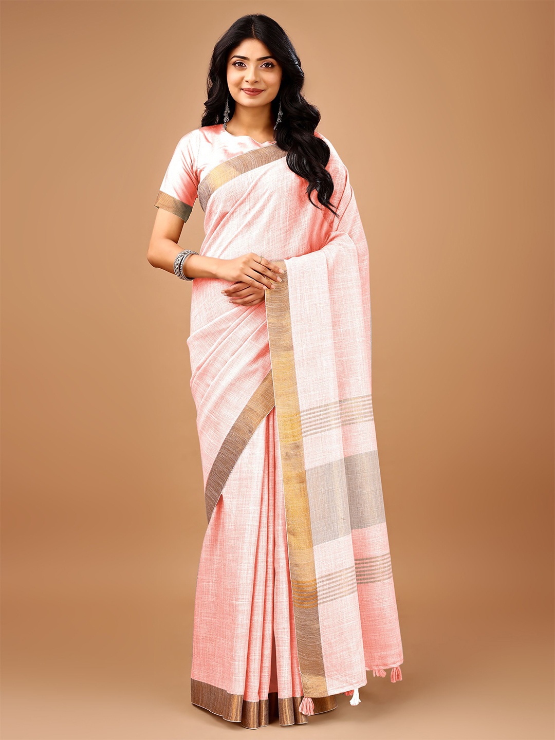 

PURI MAA Zari Linen Blend Fusion Kota Saree, Pink