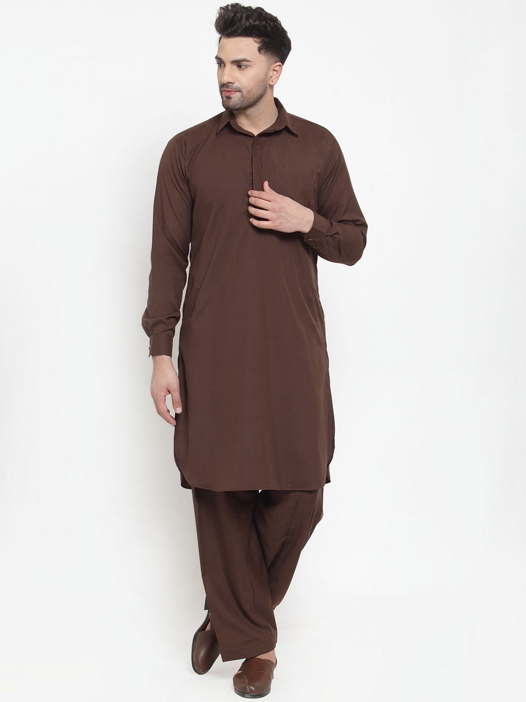 

Kaifoo Shirt Collar Thread Work Pleated Cotton Linen Pathani Kurta with Salwar, Brown