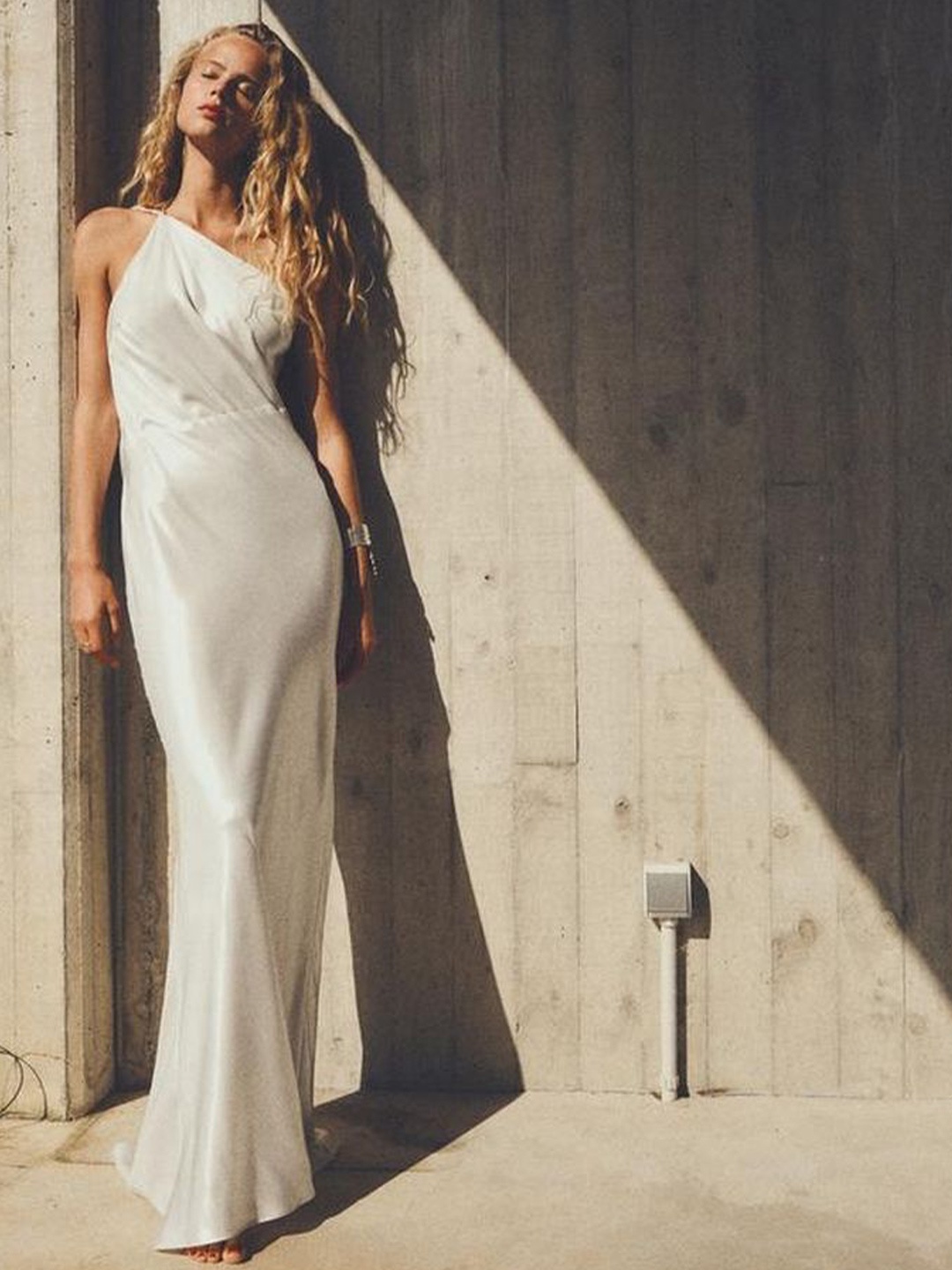 

LULU & SKY One-shoulder Maxi Slip Dress, Beige