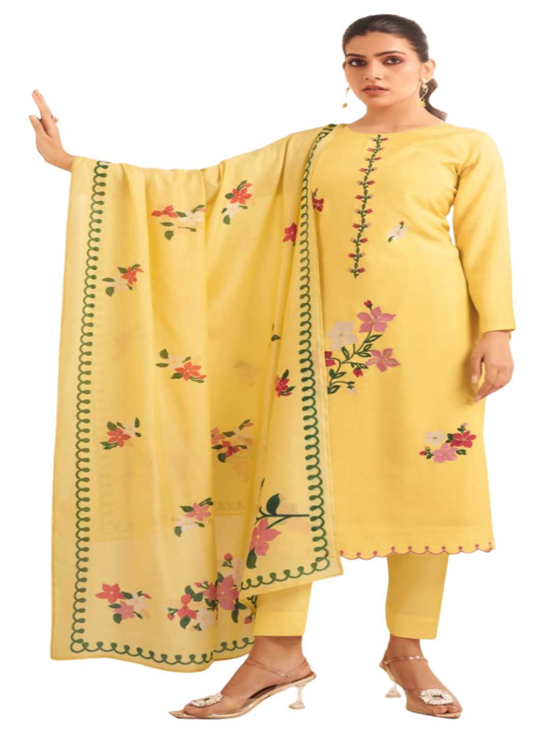 

DRAVINAM Trends Floral Embroidered Pure Cotton Unstitched Dress Material, Yellow