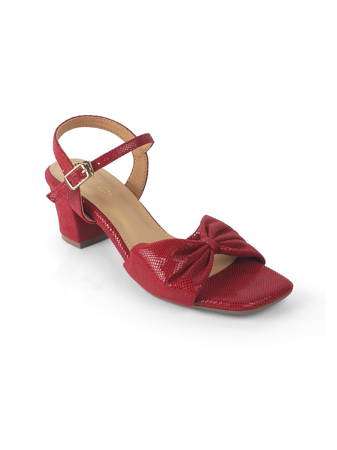 

Tresmode TRENTON Open Toe Textured Block Heel Bow Sandals, Red