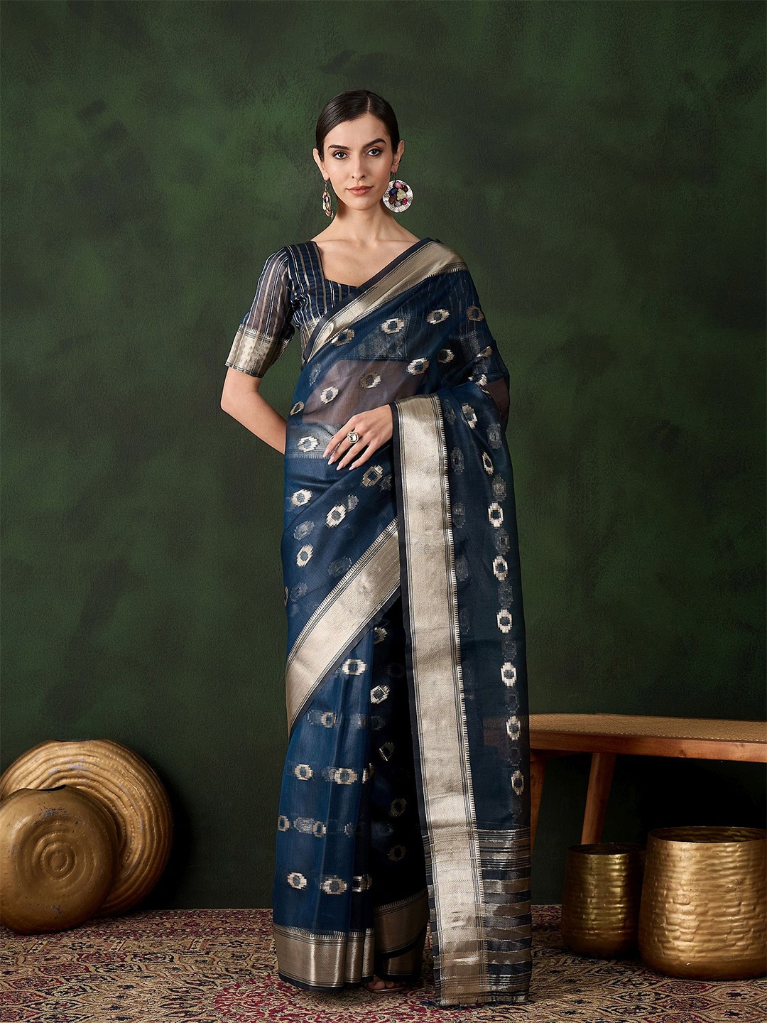 

Mitera Woven Design Zari Organza Handloom Kanjeevaram Saree, Teal