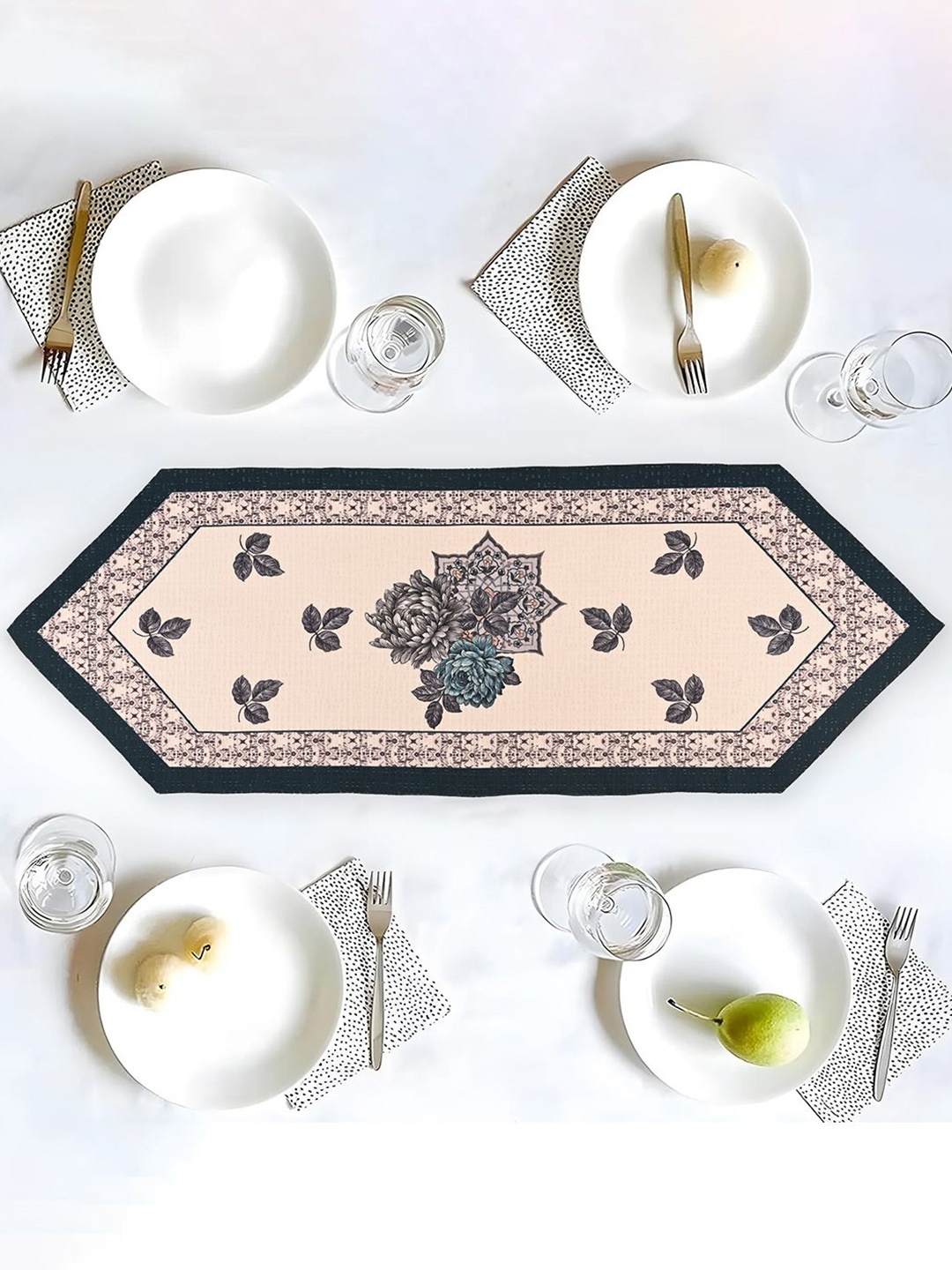 

Kuber Industries Cream-Colored & Blue Floral Printed Pure Cotton Table Runner