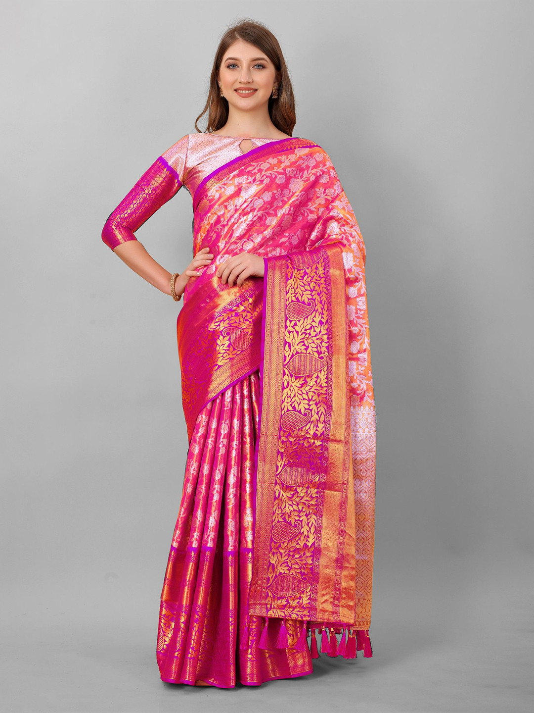 

LeeliPeeri Designer Ethnic Motifs Zari Silk Blend Kanjeevaram Saree, Orange