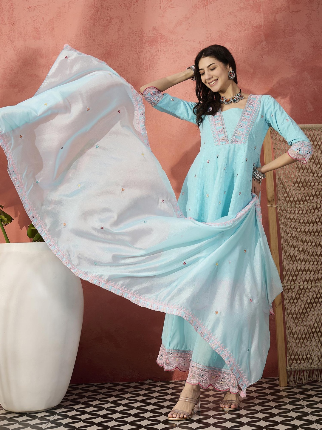 

Ramas Floral Embroidered Sequinned Pure Cotton Anarkali Kurta With Palazzos & Dupatta, Turquoise blue