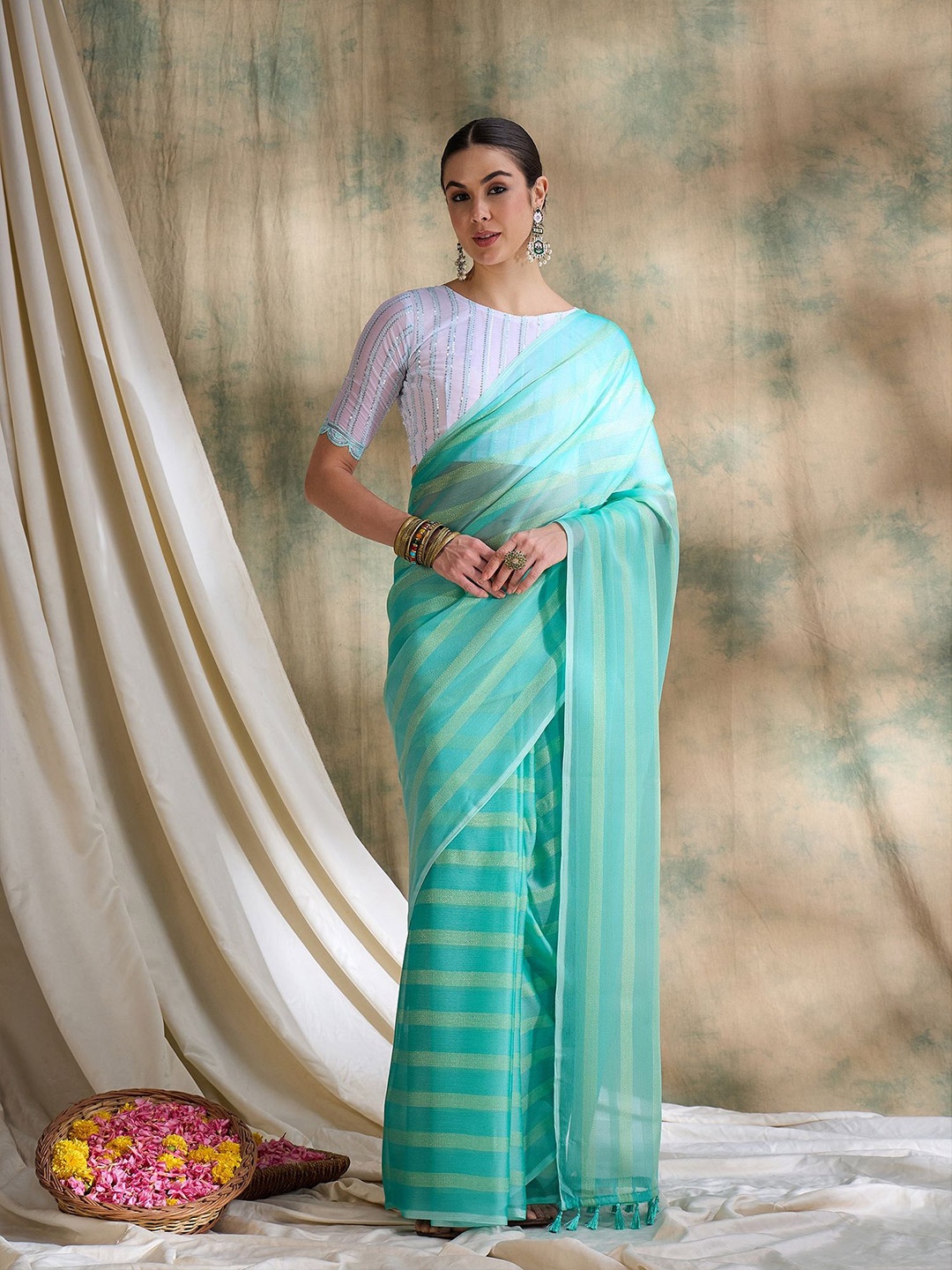 

MANVAA Striped Zari Silk Blend Banarasi Saree, Sea green