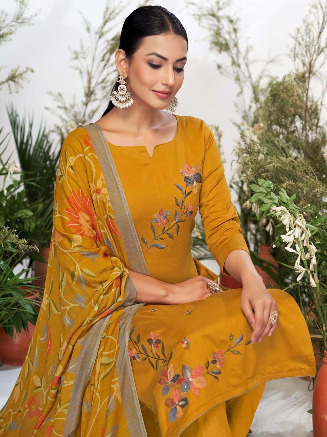 

DRAVINAM Trends Floral Embroidered Pure Cotton Unstitched Dress Material, Yellow