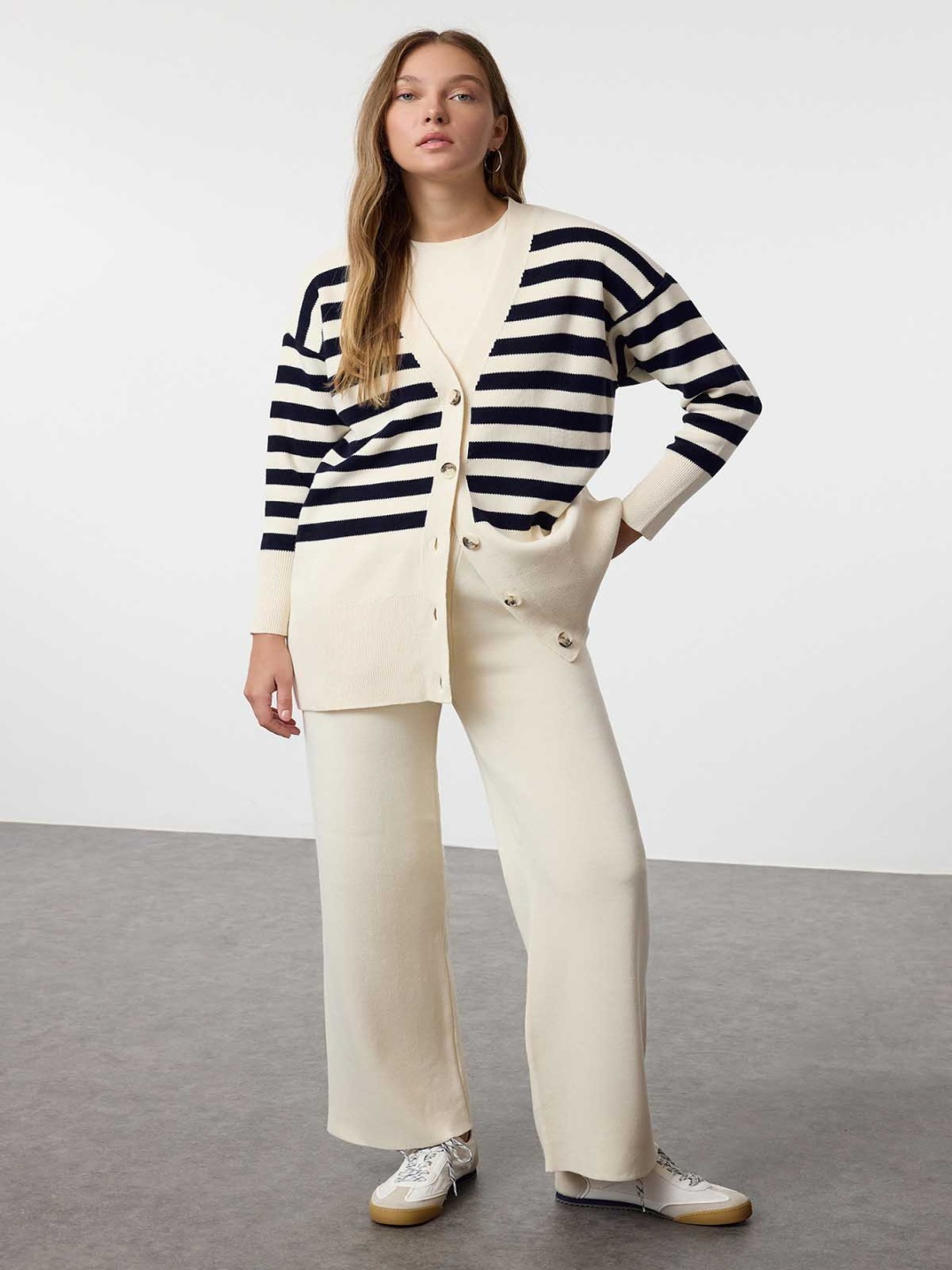 

Trendyol Striped V-Neck Acrylic Cardigan & Trouser, Cream