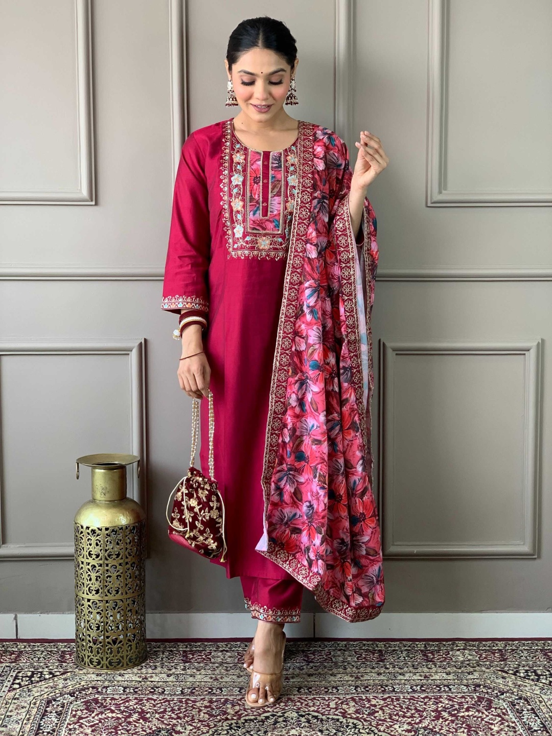 

KALINI Women Embroidered Regular Thread Work Chanderi Silk Kurta with Trousers & With Dupatta, Pink