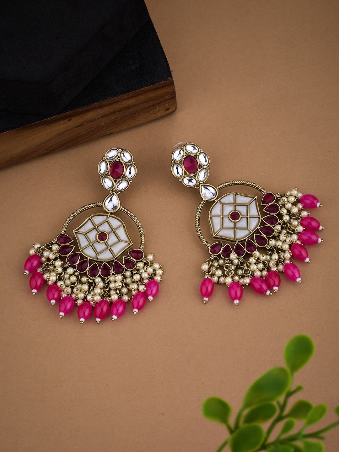 

ATIBELLE Gold-Plated Kundan Stone Studded & Beaded Contemporary Shaped Drop Earrings