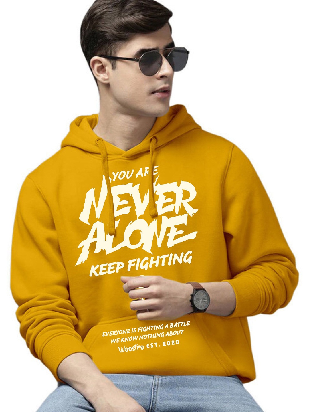 

WOOSTRO Men Printed Hooded Sweatshirt, Mustard