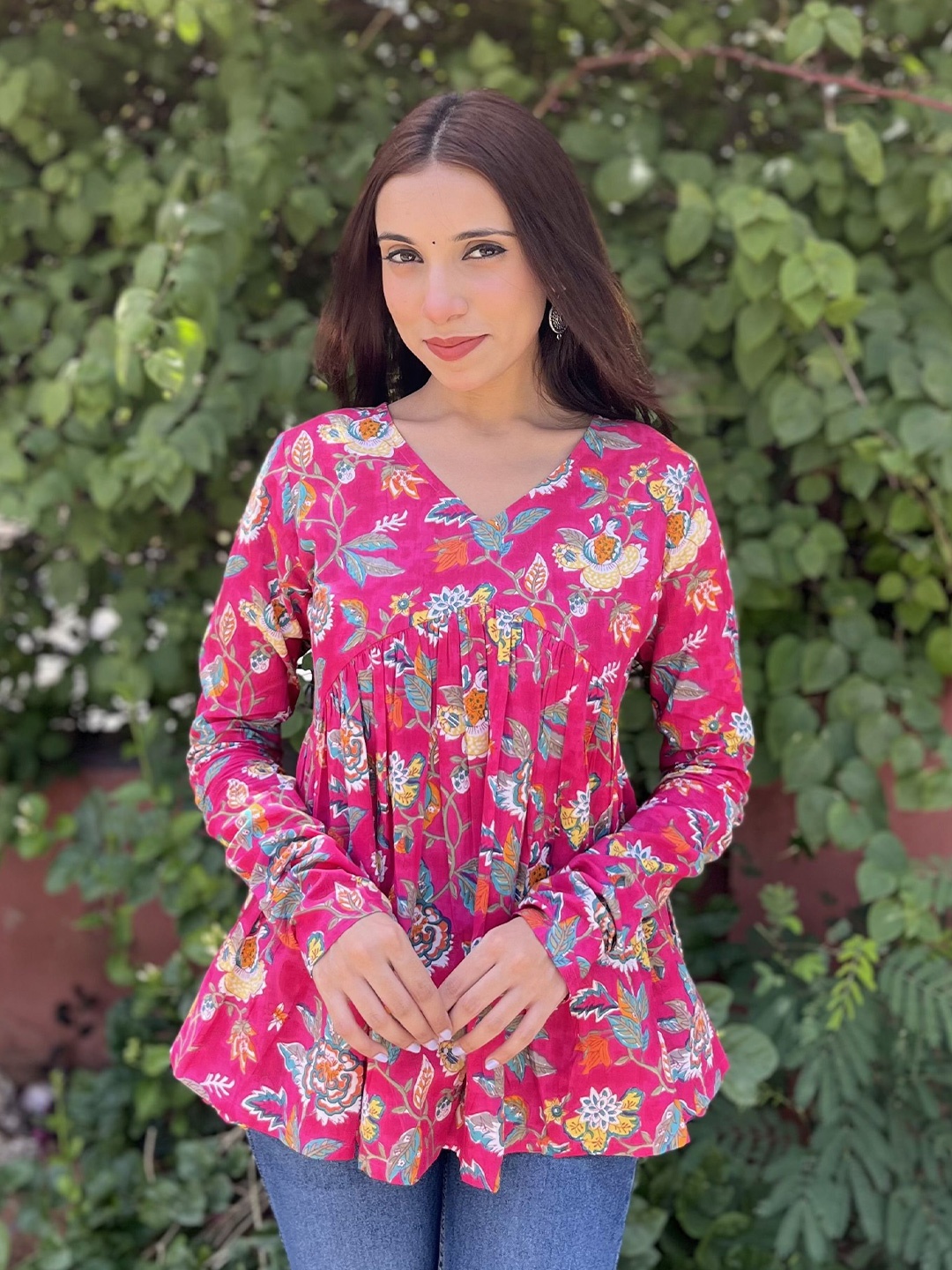 

JONAYA Women Floral Printed Cotton Empire Top, Pink