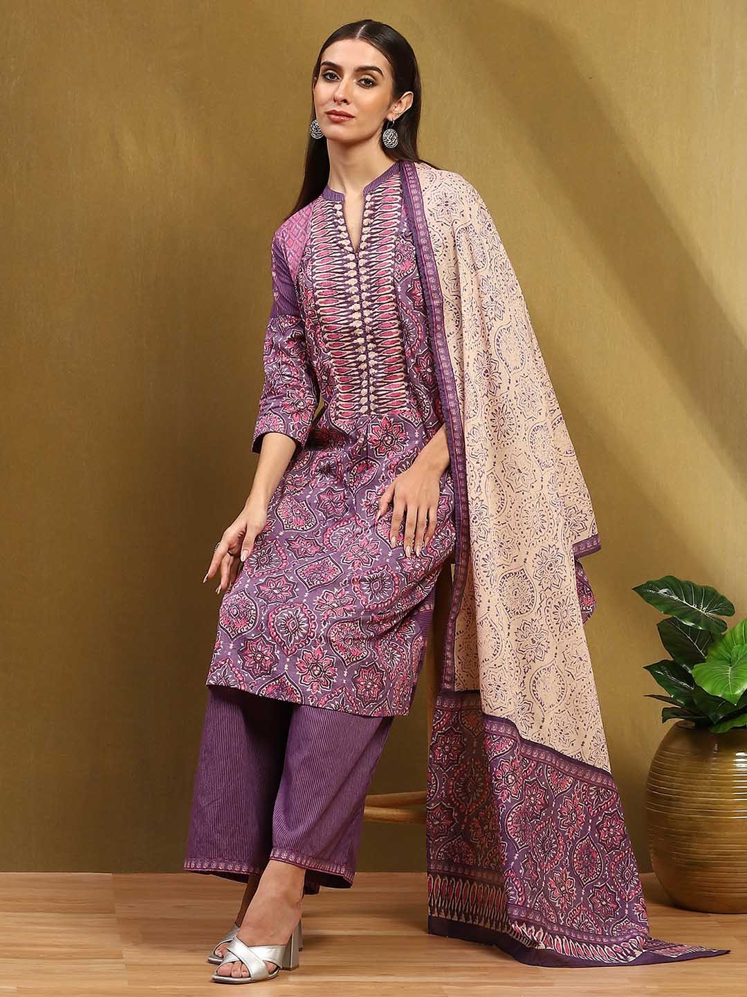 

Biba Women Floral Printed Regular Pure Cotton Kurta with Palazzos & With Dupatta, Purple