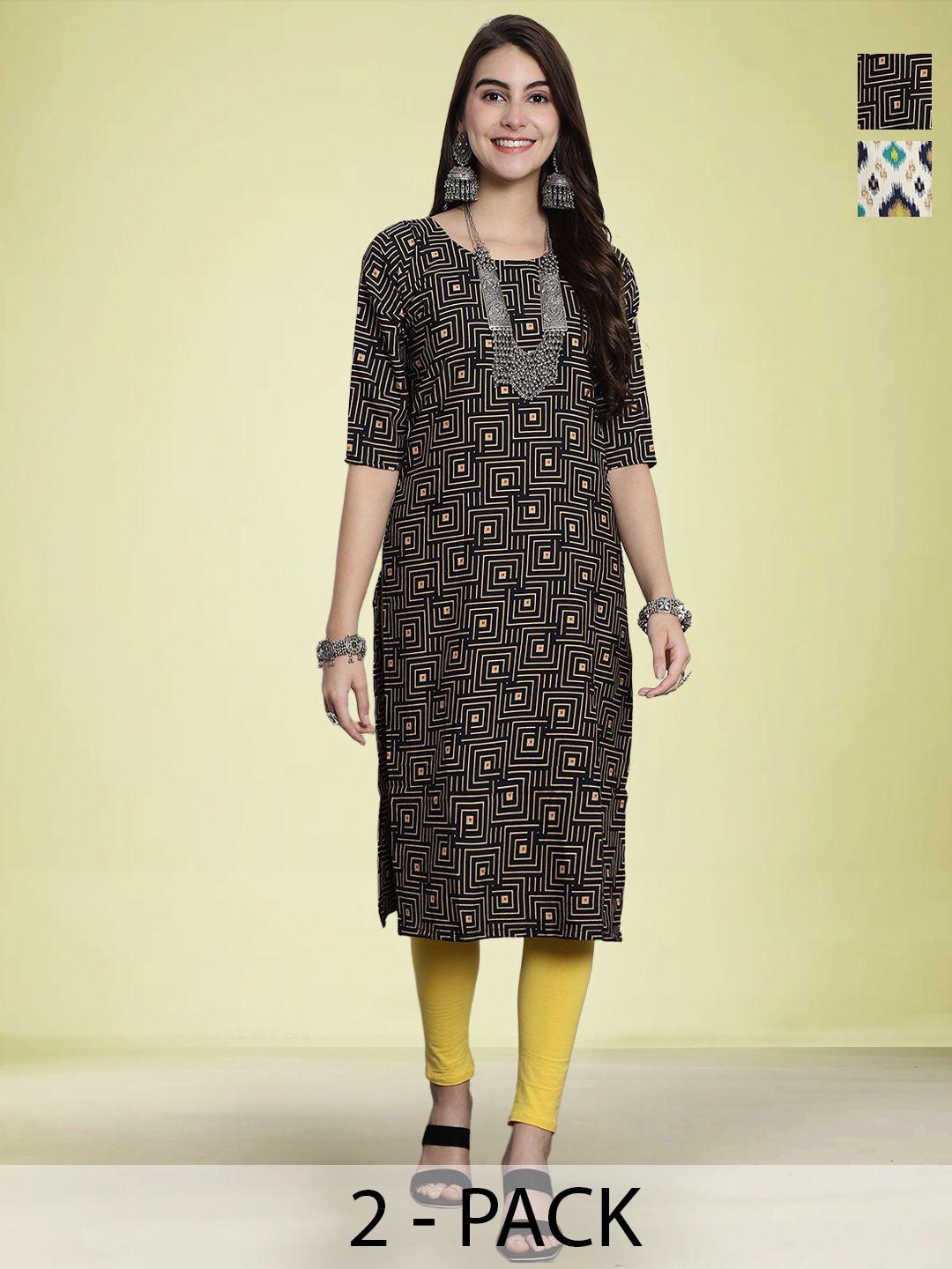 

Moda Rapido Selection Of 2 Geometric Printed Round Neck Straight Kurtas, Black