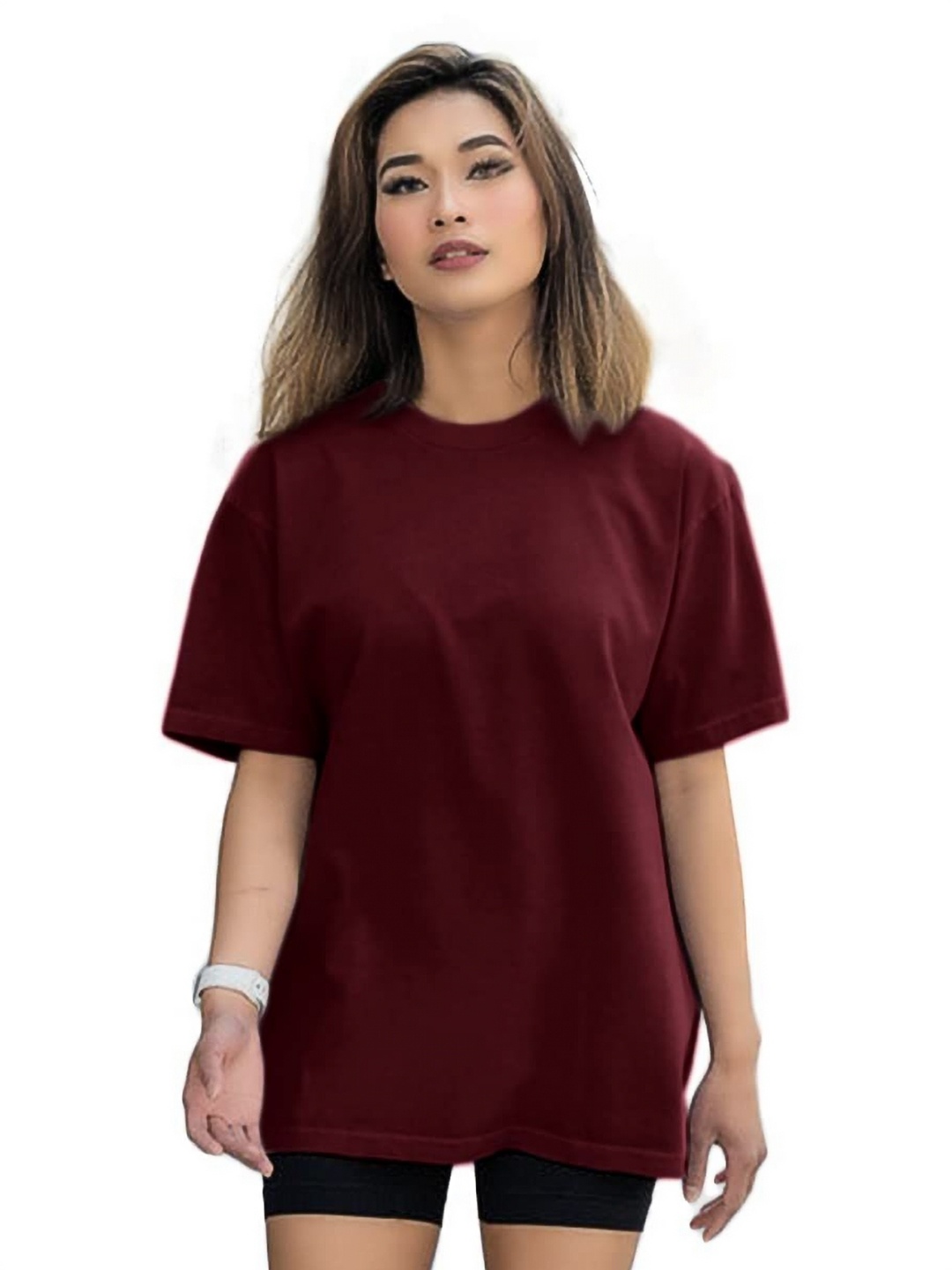 

NOTWILD Women Solid Round Neck Cotton Oversized T-shirt, Burgundy