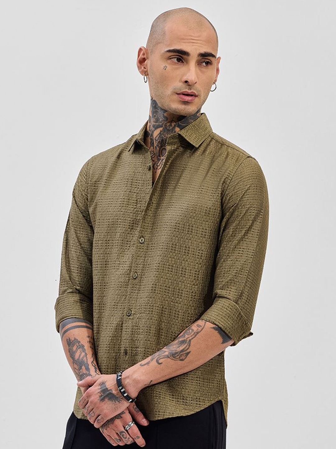 

Snitch Men Classic Slim Fit Opaque Formal Shirt, Olive