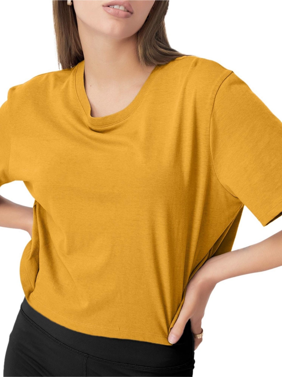 

NOTWILD Women Solid Round Neck Cotton T-shirt, Yellow