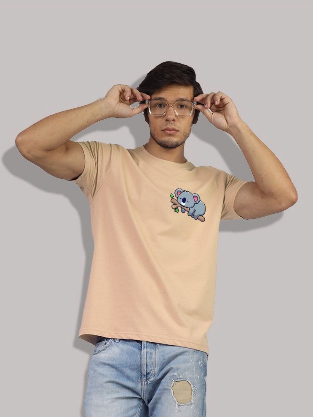 

Greylongg Men Graphic Printed Round Neck Cotton T-shirt, Beige