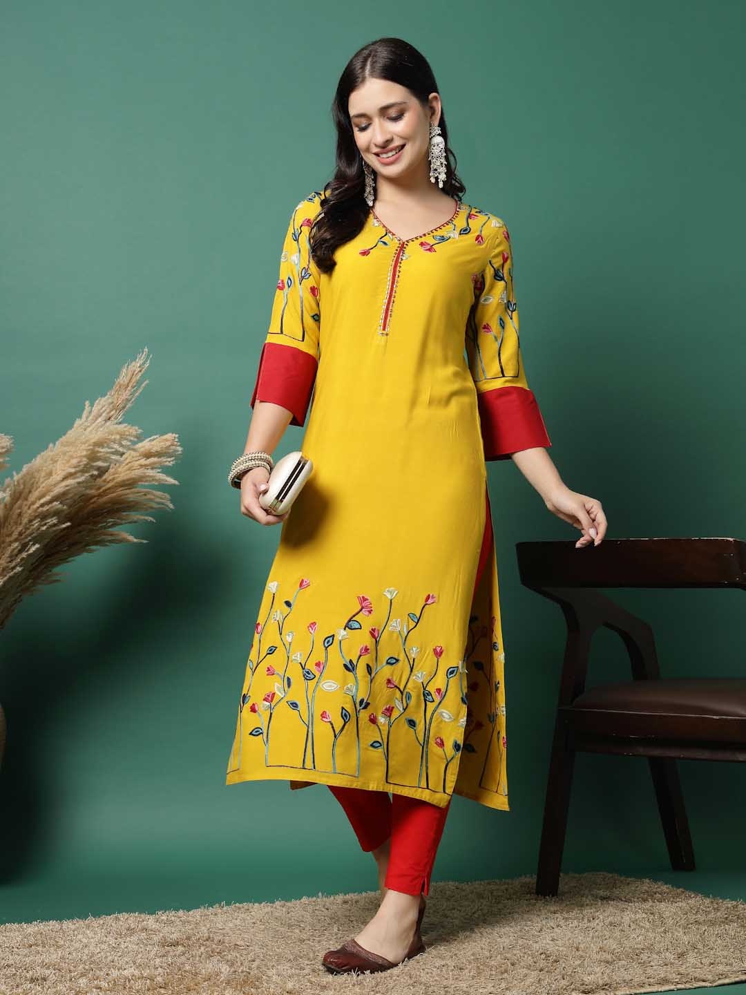 

Ramas Floral Embroidered V-Neck Thread Work Straight Kurtas, Yellow