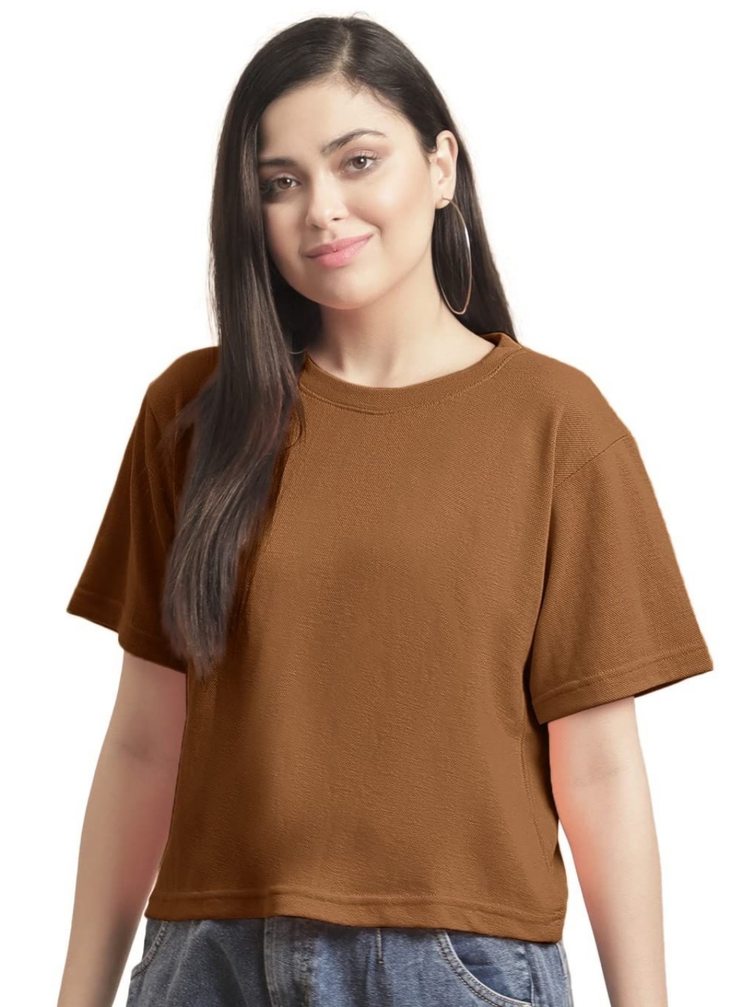 

NOTWILD Women Solid Round Neck Cotton Relaxed Fit T-shirt, Brown