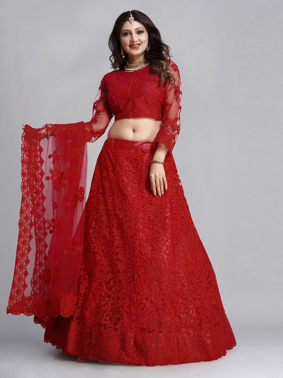 

Warthy Ent Embroidered Thread Work Semi-Stitched Lehenga & Unstitched Blouse With Dupatta, Red