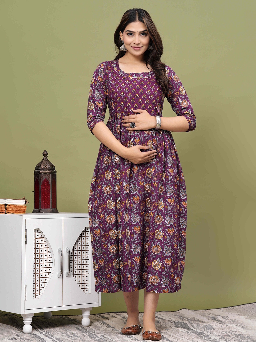 

mad fury Floral Print Maternity Cotton Fit & Flare Midi Dress, Burgundy