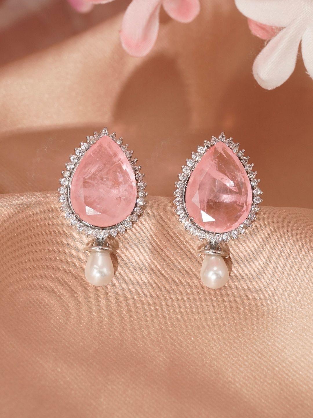 

Niscka Rhodium-Plated Zircon Stone Studded Teardrop Shaped Drop Earrings, Pink