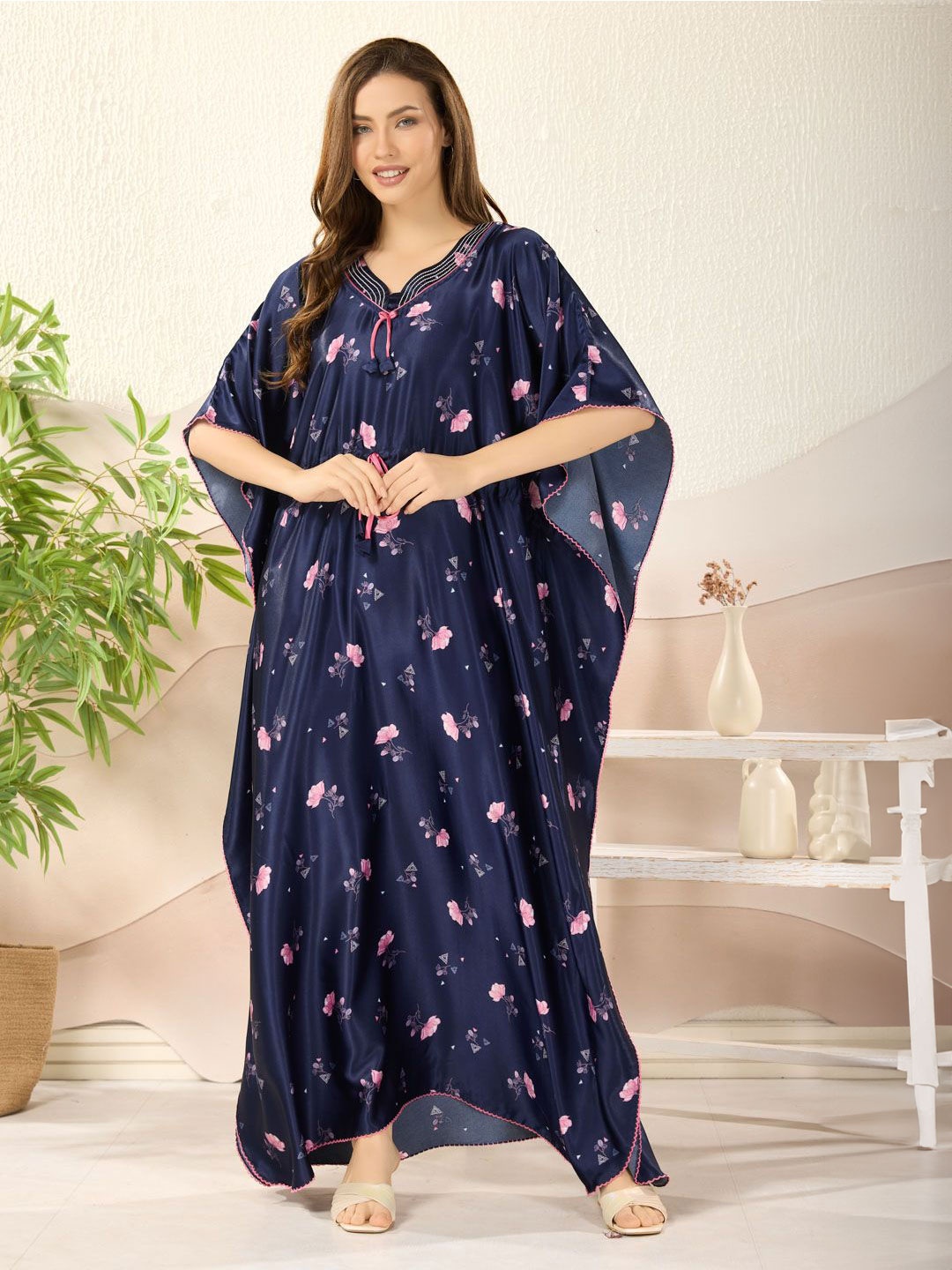 

Soulemo Women Floral Printed Satin V-Neck Kaftan Nightdress, Blue
